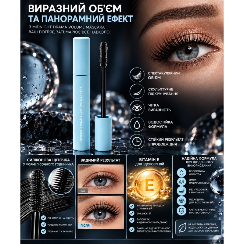 Тушь для ресниц водостойкая Claraline Midnight Drama Volume Mascara, 13 мл — объемная, удлиняющая, с эффектом подкручивания
