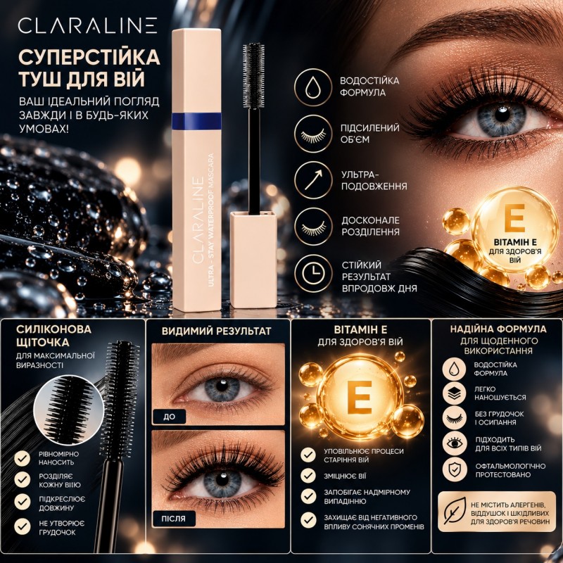Тушь для ресниц водостойкая Claraline Ultra Stay Waterproof Mascara, 7,5 мл — суперстойкая, для объема, удлинения и разделения ресниц