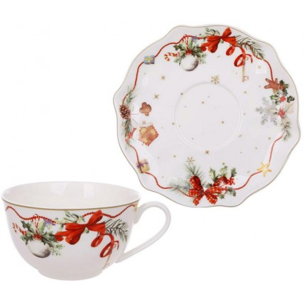 Чайний фарфоровий набір "Christmas Ribbon" 2 чашки 250мл з блюдцями BD-498-370