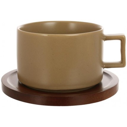 Набір 6 фарфорових чашок "Natural Serving Grey" 200 мл з дерев'яними блюдцями BD-938-082