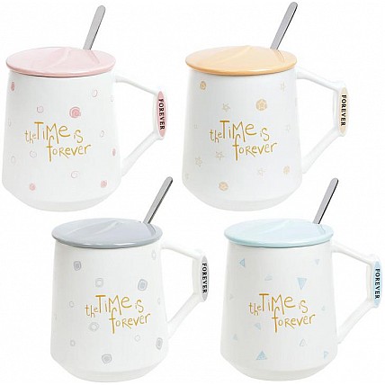 Кружка фарфоровая "Time is forever" 440мл с крышкой и ложкой BD-927-203