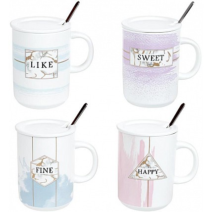 Кружка фарфоровая "Акварель" 430мл с крышкой и ложкой BD-927-205