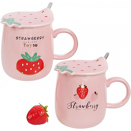 Кружка фарфоровая "Клубничка" 420мл с крышкой и ложкой, розовая BD-927-213