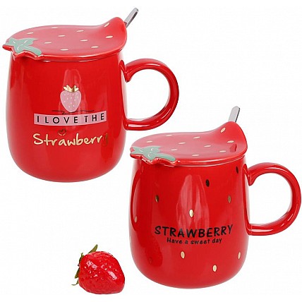 Кружка фарфоровая "Клубничка" 420мл с крышкой и ложкой, красная BD-927-214
