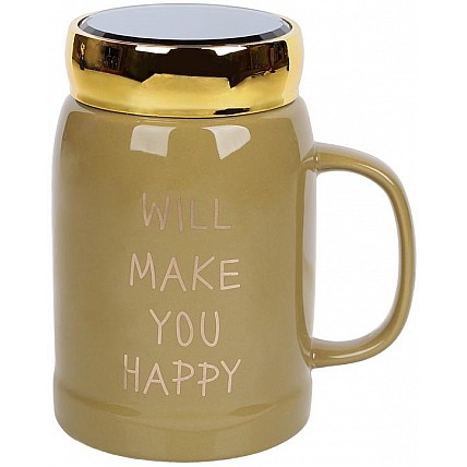 Кружка фарфоровая "Will make you happy" 550мл с крышкой, цвет хаки BD-977-303