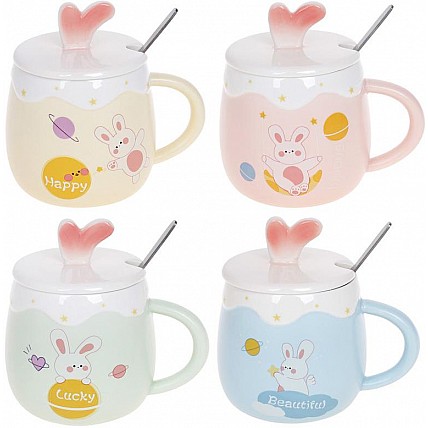 Кружка фарфоровая "Funny Rabbits" 430мл с крышкой и ложкой, 4 дизайна BD-927-225