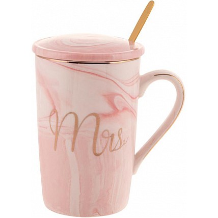 Кружка фарфоровая Coffee Prelude "Mrs" 420мл с крышкой и ложкой, розовый мрамор BD-984-205
