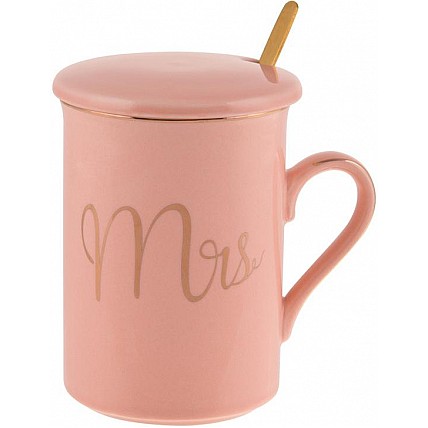 Кружка фарфоровая Coffee Prelude "Mrs" 380мл с крышкой и ложкой, розовая BD-984-211