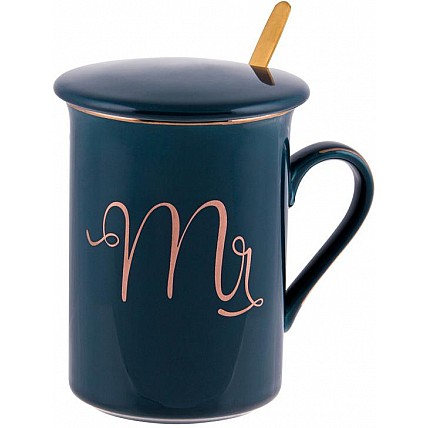 Кружка фарфоровая Coffee Prelude "Mr" 380мл с крышкой и ложкой, синяя BD-984-212