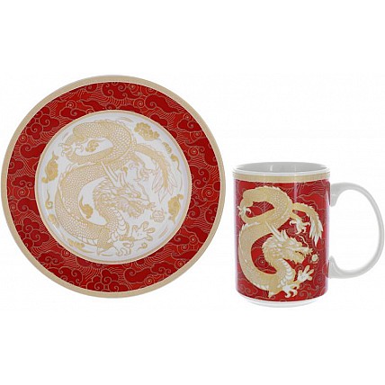 Чайная пара "Золотой Дракон на красном" кружка 500мл, тарелка Ø20см, фарфор BD-K019