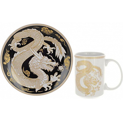 Чайная фарфоровая пара "Золотой Дракон на черном" кружка 500мл, тарелка Ø20см BD-K021
