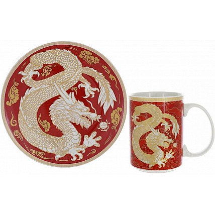 Чайная фарфоровая пара "Золотой Дракон на красном" кружка 500мл, тарелка Ø20см BD-K020