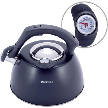 Чайник Kamille Whistling Kettle Thermo 3л из нержавеющей стали со свистком и термометром, черный KM-1077A