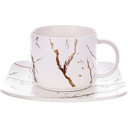 Кофейная чашка с блюдцем "Мраморная Роскошь" 250мл, фарфор белый с золотом BD-805-727