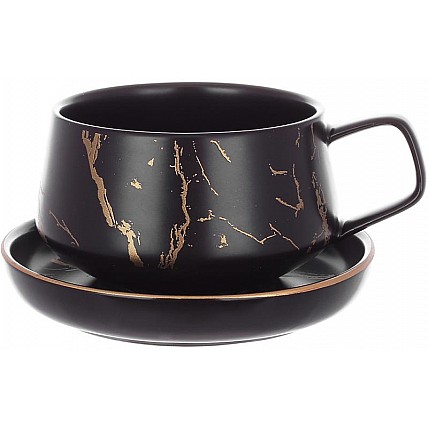 Чайная чашка с блюдцем "Мраморная Роскошь" 320мл, фарфор черный с золотом BD-805-731