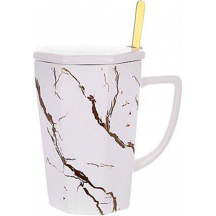 Кружка с крышкой и ложечкой "Мраморная Роскошь" 350мл, фарфор белый с золотом BD-805-729