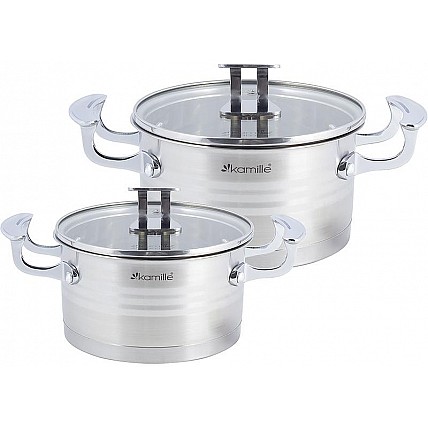 Набор 2 кастрюли Kamille Casserote 1.5л и 2.4л из нержавеющей стали со стеклянными крышками KM-5860