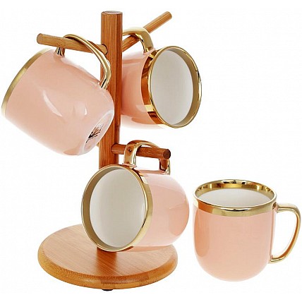 Чайный набор "Золотая Линия" 4 кружки 320мл на бамбуковой стойке, пудровый BD-905-231