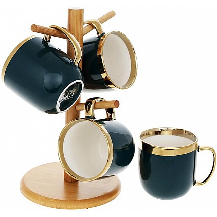 Чайный набор "Золотая Линия" 4 кружки 320мл на бамбуковой стойке, темно-зеленый BD-905-233