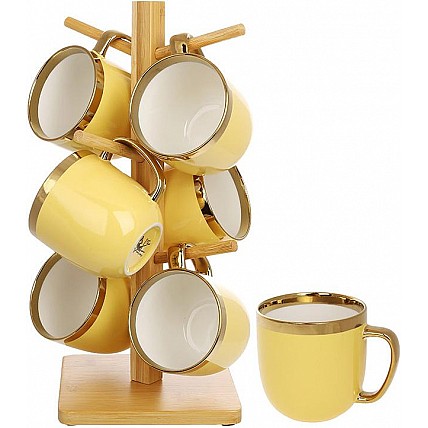 Чайный набор "Золотая Линия" 6 кружек 320мл на бамбуковой стойке, желтый BD-905-258