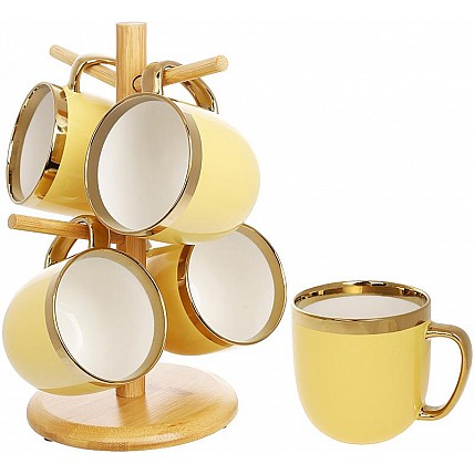 Чайный набор "Золотая Линия" 4 кружки 320мл на бамбуковой стойке, желтый BD-905-259