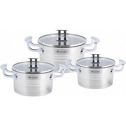 Набор 3 кастрюли Kamille Casserote 1.7л, 2.4л, 3.1л из нержавеющей стали со стеклянными крышками KM-5861
