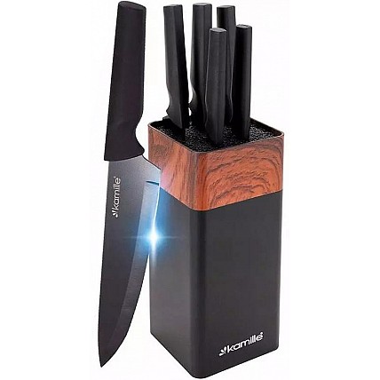 Набор 5 кухонных ножей Kamille Acacia Black с подставкой-колодой KM-7615