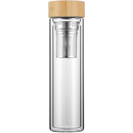 Бутылка (термо) стеклянная Kamille 450мл с заварником и двойными стенками, бамбуковая крышка KM-9020