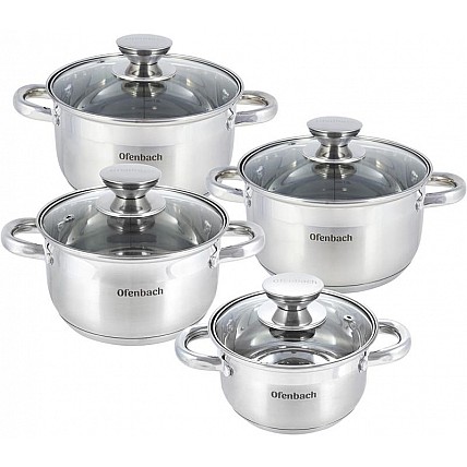 Набор 4 кастрюли Ofenbach Casserole из нержавеющей стали (1.1л, 1.7л, 2.4л, 3.4л) со стеклянными крышками NB-100004