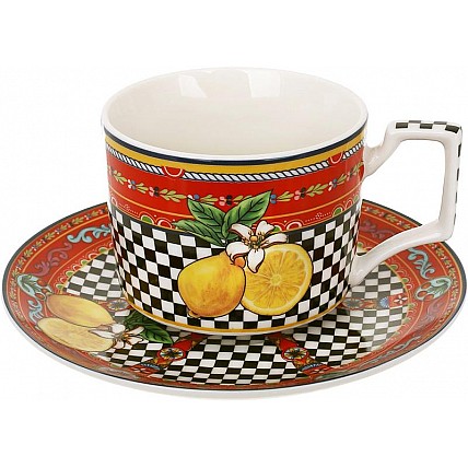 Чашка с блюдцем фарфоровые Sicilia "Limoni" (Лимоны) 220мл, в подарочной коробке BD-149-017