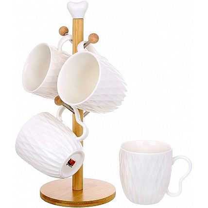 Чайный набор Ceram-Bamboo Romb 4 чашки 300мл на деревянной стойке BD-289-431