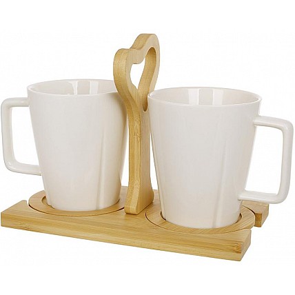 Набір кухлів Nouvelle Home 2 порцелянові кухлі 300мл на дерев'яній підставці BD-938-033