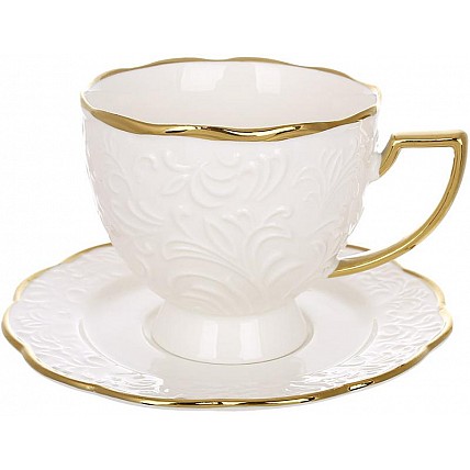 Чашка чайна порцелянова "White City Lily" 250мл з блюдцем і золотим декором BD-988-483