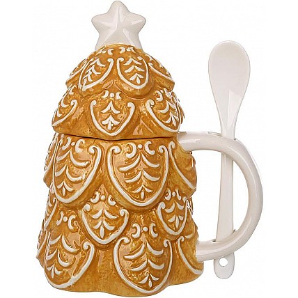 Імбирний різдвяний керамічний кухоль 450 мл з кришкою та ложкою BD-928-188