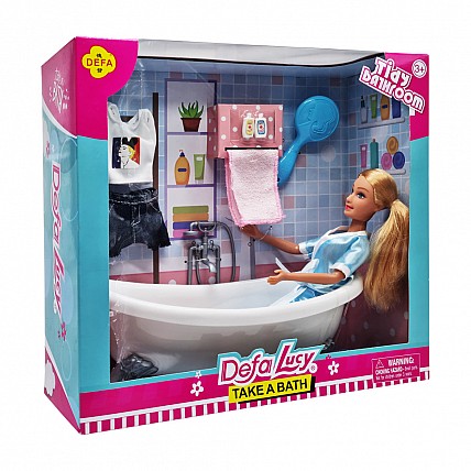 Детская кукла с ванночкой DEFA 8444 полотенце, расческа, одежда Голубой