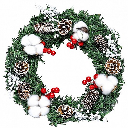 Венок новогодний с шишками и хлопком  84164 (116230) диаметр 35 см
