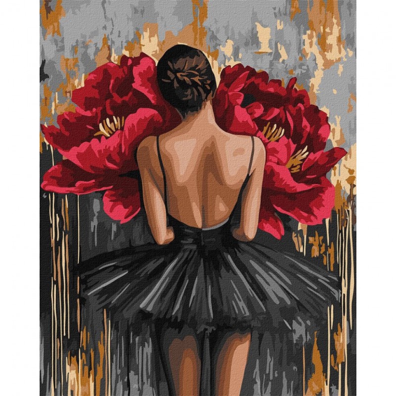 Картина по номерам "Балерина с красными пионами с красками металлик" ©art_selena_ua KHO8664, 40x50 см
