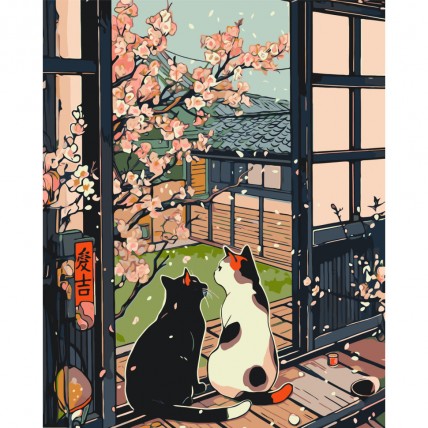 Картина за номерами «Коти біля цвітіння сакури» LW3404, 40x50 см