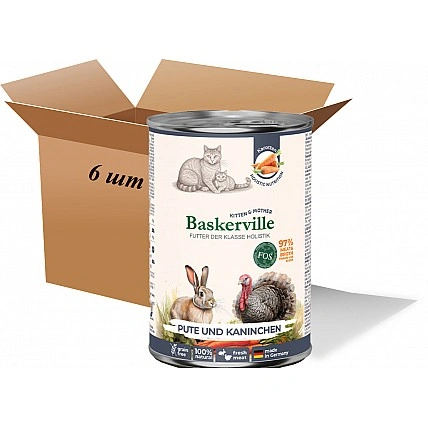 Вологий корм для котів Вaskerville, Холістик. Індичка та кролик з морквою, повнораційний вологий корм для котів у період лактації та кошенят 400 г (6 шт. упаковка)