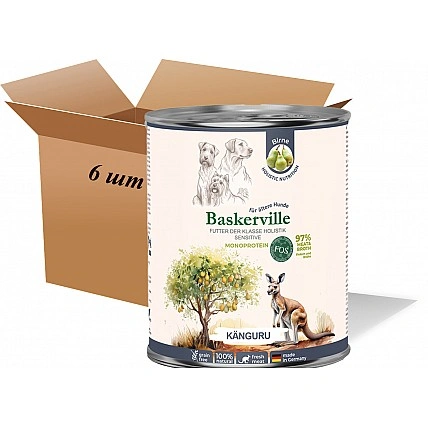 Вологий корм для собак. Вaskerville Пребіо. Кенгуру з грушею, повнораційний корм для собак з чутливим травленням та літніх собак, 400 г (6 шт. упаковка)