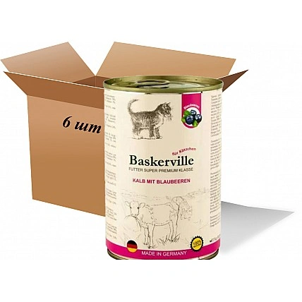 Вологий корм для котів Baskerville, KF Super Premium Kalb Mit Blaubeeren Телятина з чорницею, 400 г (6 шт. Упаковка)