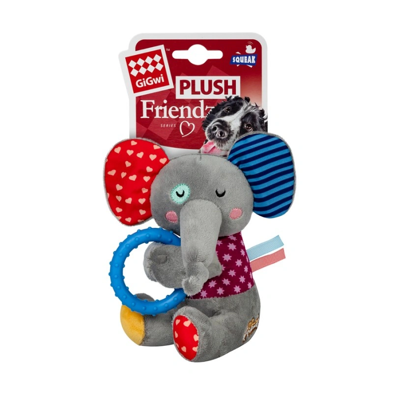 Игрушка для собак Слоненок с кольцом и пищалкой GiGwi Plush Friendz, текстиль, термопластичная резина, 16 см