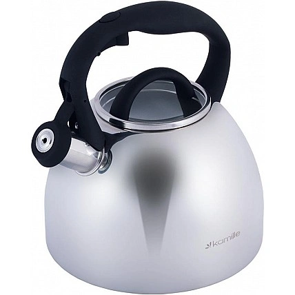 Чайник Kamille Whistling Kettle 2.7л из нержавеющей стали со свистком и стеклянной крышкой (черная ручка) KM-1089