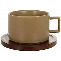 Set of 6 porcelain cups "Natural Serving Grey" 200ml with wooden saucers BD-938-082