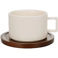 Набор 6 фарфоровых чашек "Natural Serving Cream" 200мл с деревянными блюдцами BD-938-083