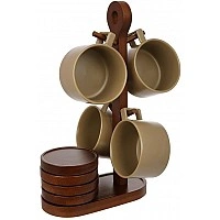 Set of 4 Porcelain Cups "Natural Serving Grey" 220ml with Wooden Saucers on Stand BD-938-084
