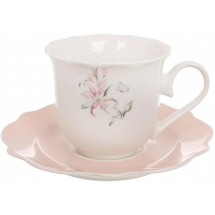Набор 4 чайные фарфоровые чашки "Pink Orchid" 250мл с блюдцами BD-K395