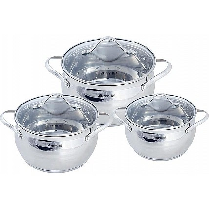 Набор 3 кастрюли Kamille Fine Silver Pen 2.1л, 3.7л и 6.1л из нержавеющей стали со стеклянными крышками KM-5911