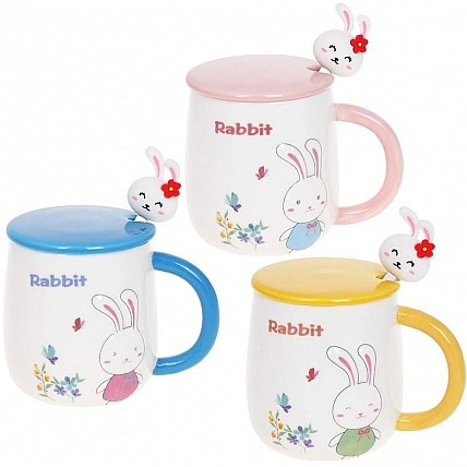 Кружка фарфоровая "Rabbit" 430мл с крышкой и ложкой, 3 дизайна BD-927-223