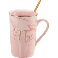 Кружка фарфоровая Coffee Prelude "Mrs" 420мл с крышкой и ложкой, розовый мрамор BD-984-205